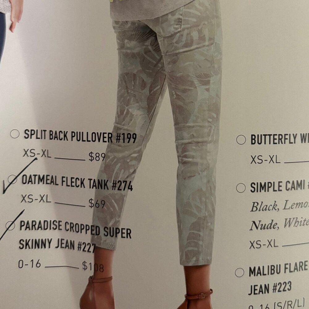 CAbi Women's Skinny Jeans in Light Gray Palm Print - Picture 2 of 5